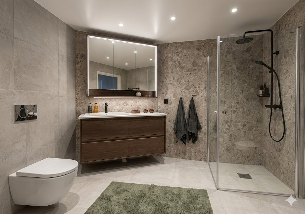 Modernt badrum med terrazzokakel och walk-in dusch